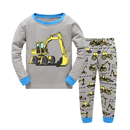Emyrin Kids Excavator Pajamas 100% Cotton Long Sleeves Toddler Sleepwear Pants 2 Pieces for Children Size 2Y-7Y
