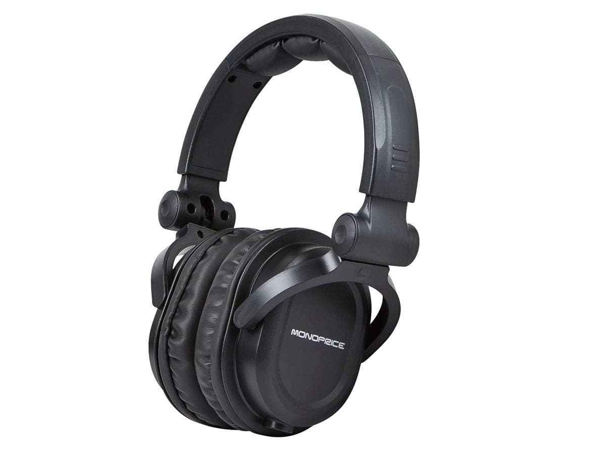 Monoprice Premium Hi-Fi DJ Style Over-The-Ear Pro Headphones with A Single-Button Inline Microphone/Controller - Black