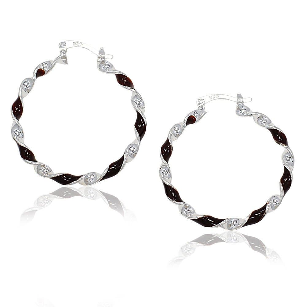 LOW PRICE!!! Genuine Sterling SLVR 9255 Large Size HOOP Twisted Curly Brown Enamel 30mm Thin in