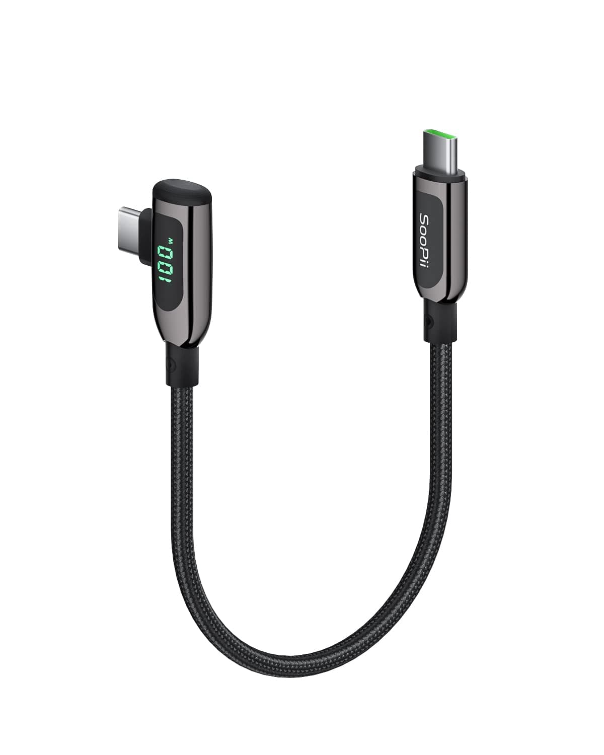 SOOPII 100W Right Angle USB C to USB C Cable,1FT Zinc Alloy Case Nylon Braided Type-C Cable with LED Display for lPad Mini/Air/Pro,MacBook Pro,Samsung S23/S22/S10,Pixel,LG(0.3m,Black)