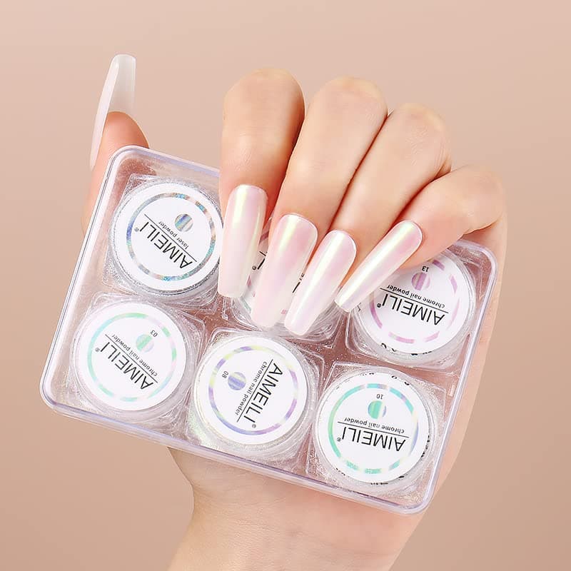 AIMEILIPearl Chrome Nail Powder 6 Boxes Nail Art Manicure Powder Set, 1×0.5g Holographic Powder, 5×0.5g Chrome Nail Powder