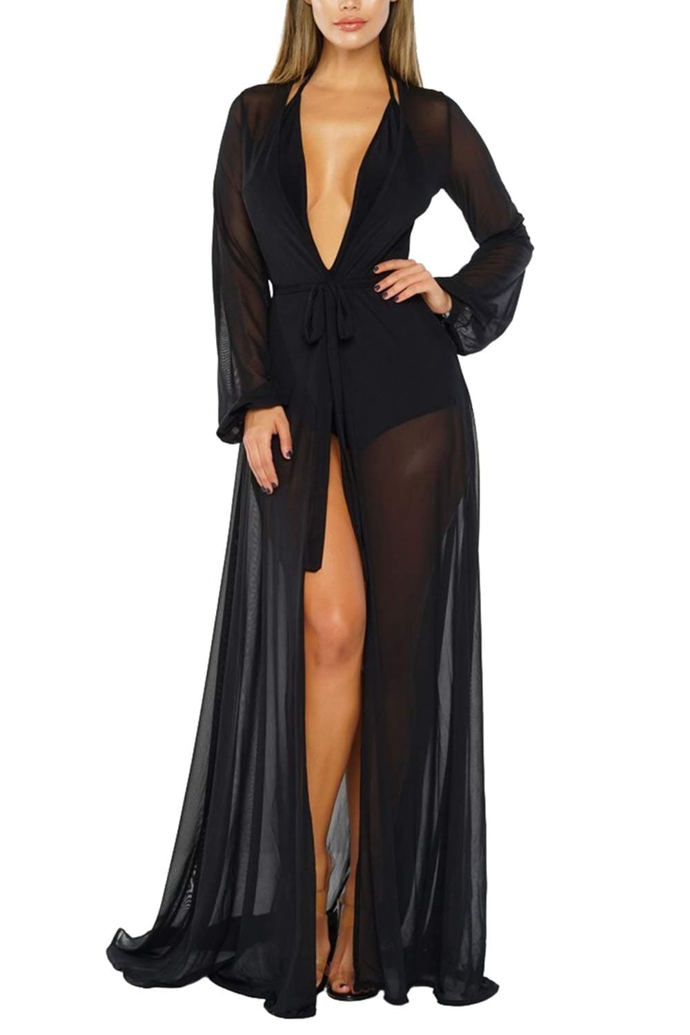 Women's Long Sleeve Flowy Maxi Bathing Suit Swimsuit Tie Front Robe Cover Up