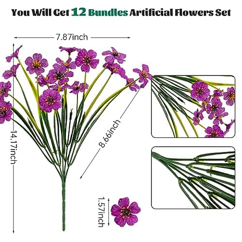 Lnoicy 12 Pcs Artificial Flowers for Outdoor,Plastic Flowers Decoration, UV Resistant Faux Flowers Shrubs, Artificial Plants for Indoor Outside Garden Home Wedding Farmhouse(Fuchsia)