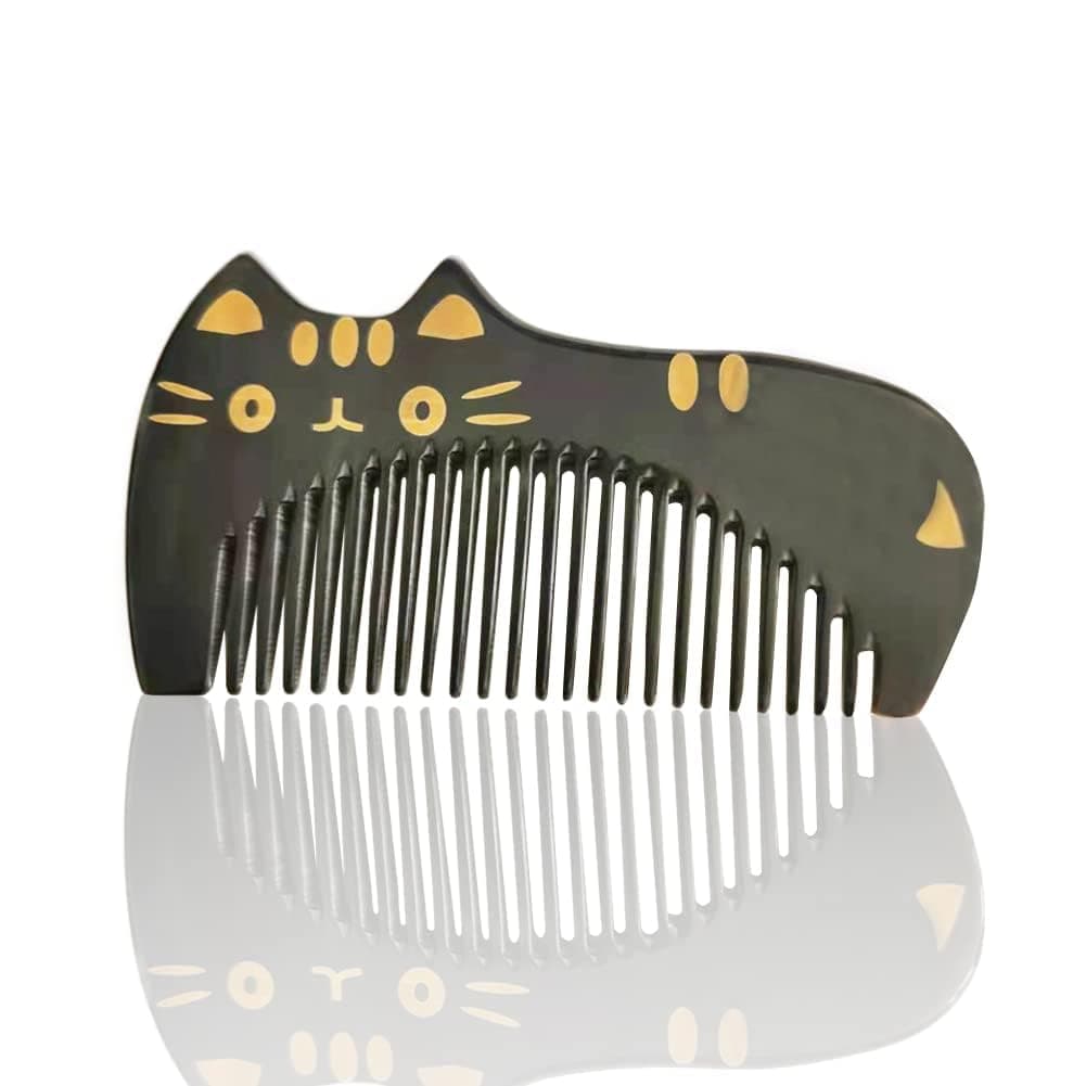 Natural Cat-shaped horn comb for girls and boys Hairs-100% Handmade Buffalo Comb for Toddler kids-4'' Poket Comb for Man and Woman-Fine Tooth, Small , black
