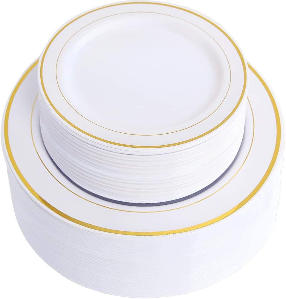 Supernal 102pcs White and Gold Plastic Plates,Disaposable Plates Heavy duty,Fancy Gold Plastic Dinnerware Set included 51 Dinner & Dessert Plates for Valentine's Day Mother's Day and Easter
