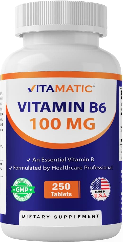 Vitamatic Vitamin B6 (Pyridoxine HCI), 100mg 250 Vegetarian Tablets - Promotes Energy Production, boosts Metabolism and Immune Health Support