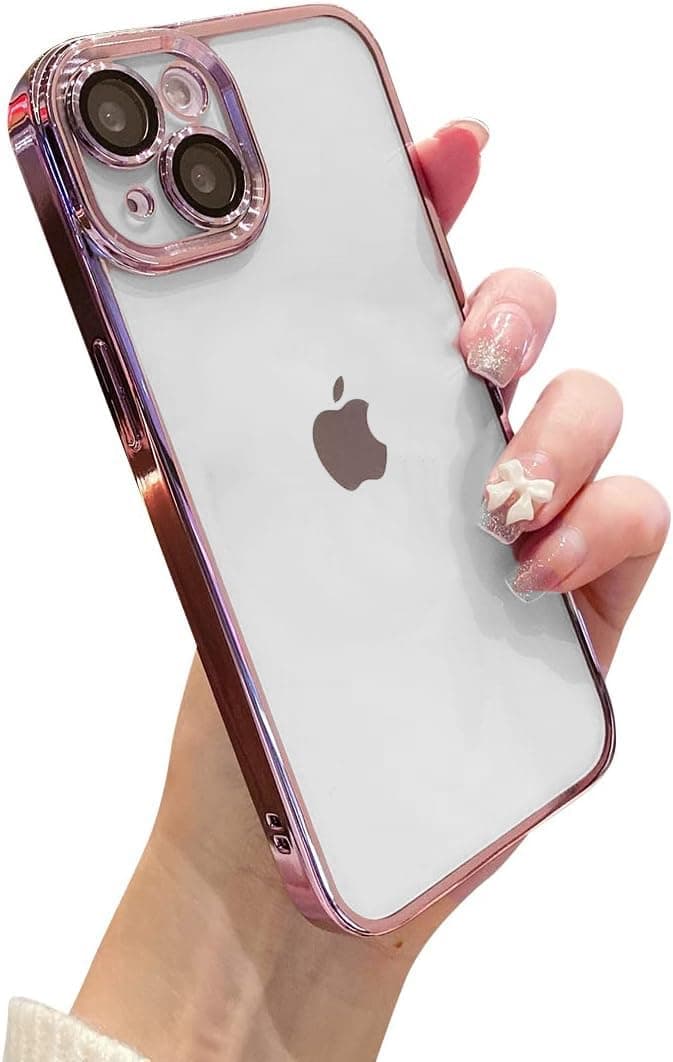 VONZEE TPU Compatible With iPhone 14 Plus Case 6.7 Inch,Luxury Electroplated Soft Edge Bumper Case,Full Camera Protection & Reinforced Corners Shockproof Case Cover|Transparent|Rose Pink