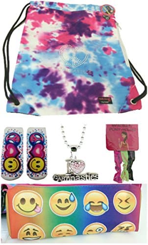 Gymnastic Girls Top Trenz Tween 5 Pc Gift Bundle Tie Die Sling Backpack Bag, Emojicon Accessories