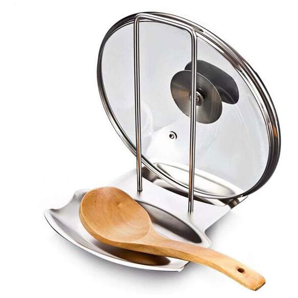 YumLock Lid and Spoon Rest, Stainless Steel Pan Pot Cover Lid Rack Stand Spoon Rest Stove Organizer Storage Soup Spoon Holder for Home Kitchen and Bar Tools