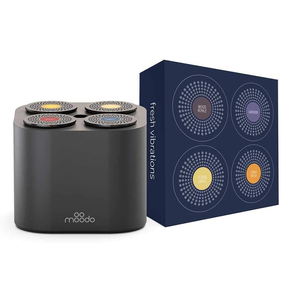 Moodo Smart Home Fragrance Diffuser with Rechargeable Battery Bundle with 1 Scent Capsules Sets (Value Pack) - scent personalization, 4 Pod Refils (Black Moodo with Fresh Vibrations pack)