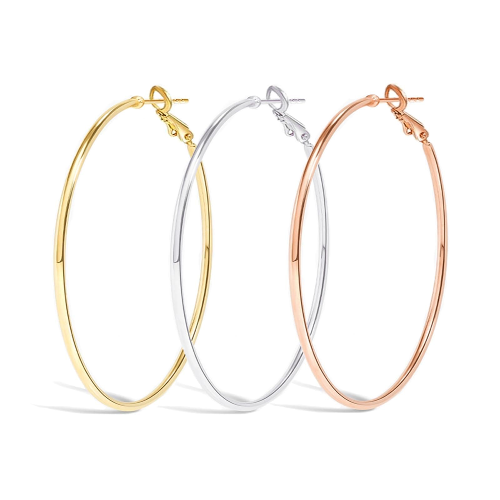 Big Gold Hoop Earrings for Women Girls,Dainty 14k Gold Hypoallergenic Rose Gold Silver Hoop Earrings with 925 Sterling Silver Post,Stainless Steel Large Hoop Earrings