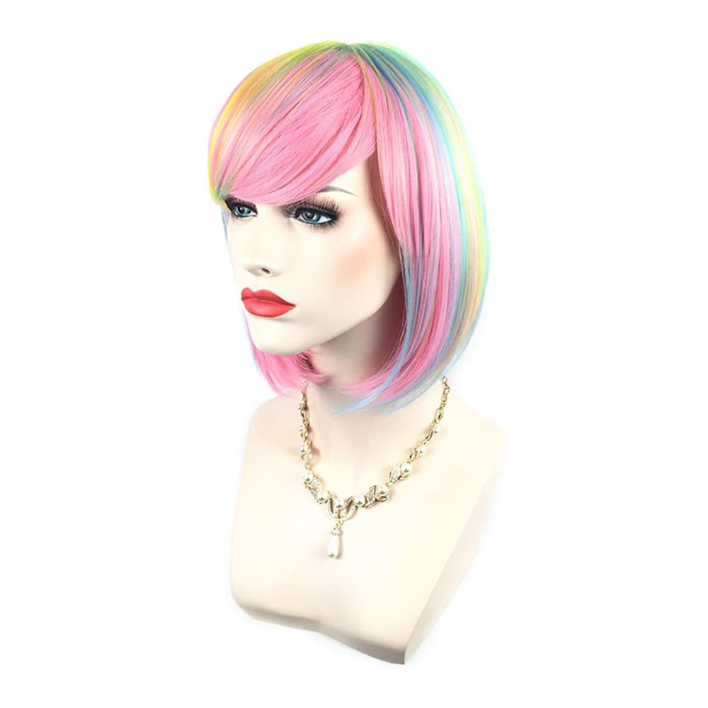 ShowPower Short Straight Wig Sexy Lady Short Bob Wig Cap for Women Cosplay Party Rainbow Color 014