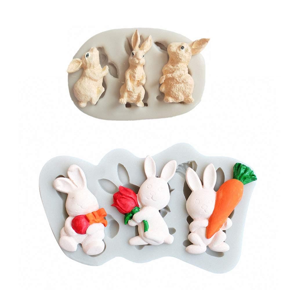 Set of 2 Rabbit Silicone Fondant Mold Easter Bunny Chocolate Candy Gum Paste Mold Cake Sugar Craft Decorating Tools Polymer Clay Mold