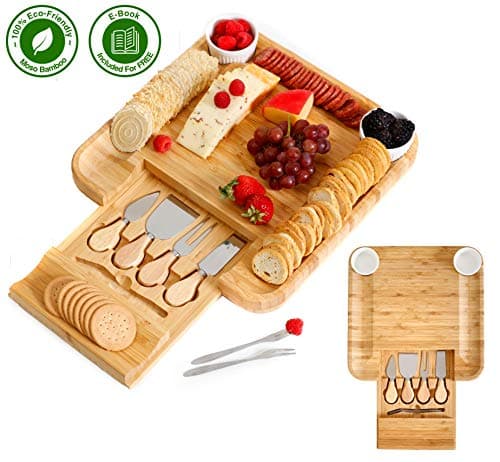 Cheese Board and Cutlery Set | Large Wooden Bamboo Serving Platter Tray for Charcuterie, Wine, Crackers, Meat | 2 Ceramic Bowls 6 Piece Cutlery Set | Ideal Gift Birthday Wedding + FREE Cheese Guide