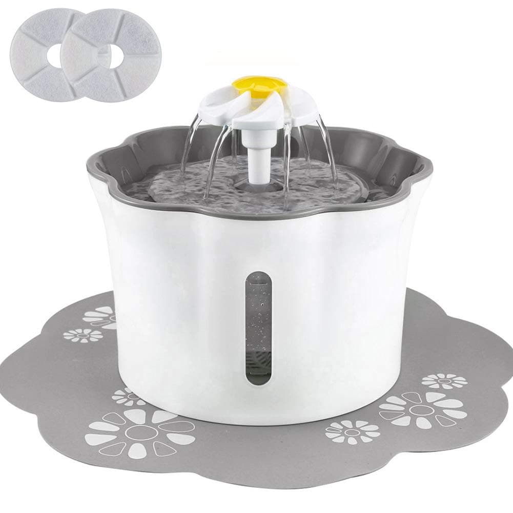 Cat Water Fountain, 2.6L Pet Fountain, Flower Cat Fountain with Silicone Mat and 2 Replacement Filters, Automatic Water Fountain for Cats, Dogs, Small Animals