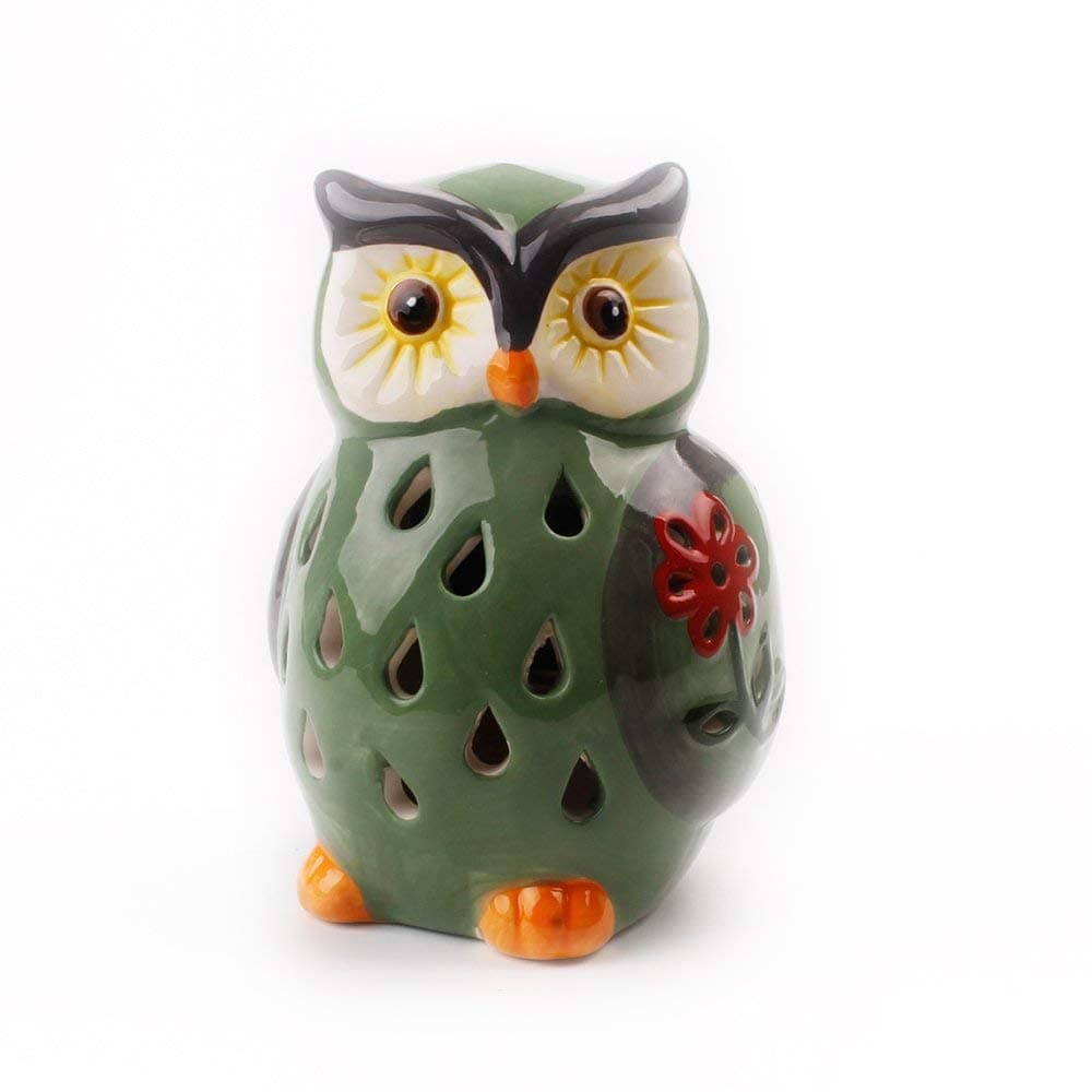 Porcelain Owl Solar Landscape Lights Figurine, Color Changing LED - Lawn Decor Owl Statues for Patio, Lawn, Balcony, Yard Ornament - Unique Mothers Day Housewarming Gifts Green