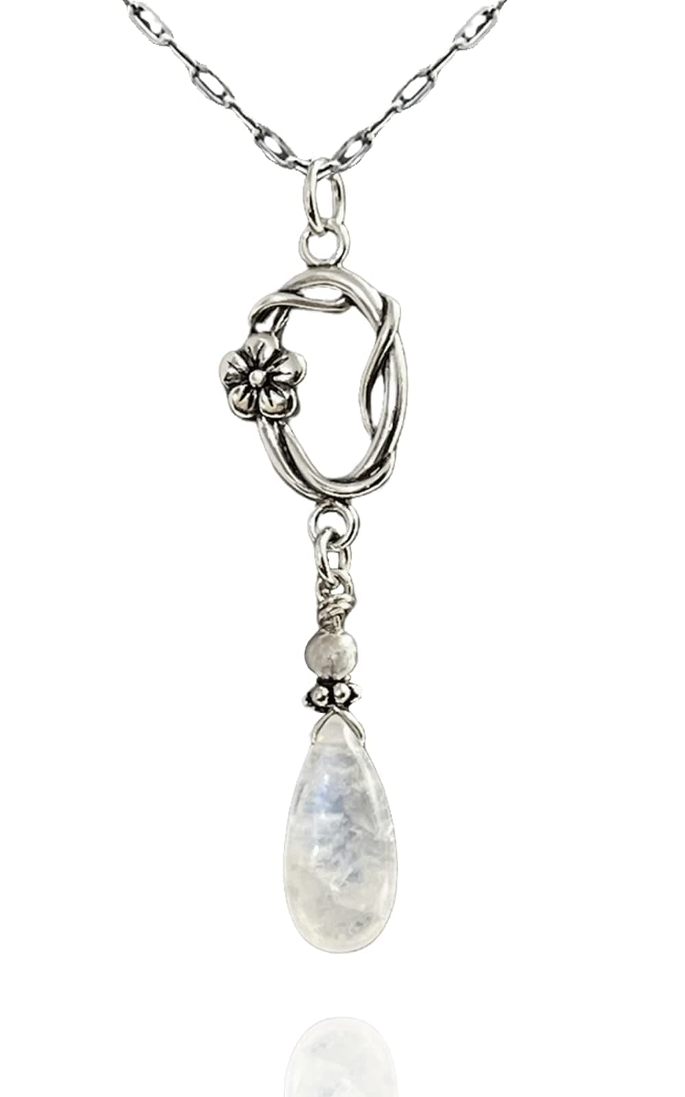 LeilaNicoleDesignsLND Handmade Moonstone Necklace, June Birthstone Jewelry, Gemstone, Pendant, Rainbow, Gift For Birthday, Wedding, Christmas, Mothers Day, 925 Sterling Silver, 18 Inch Chain (White - Vine)