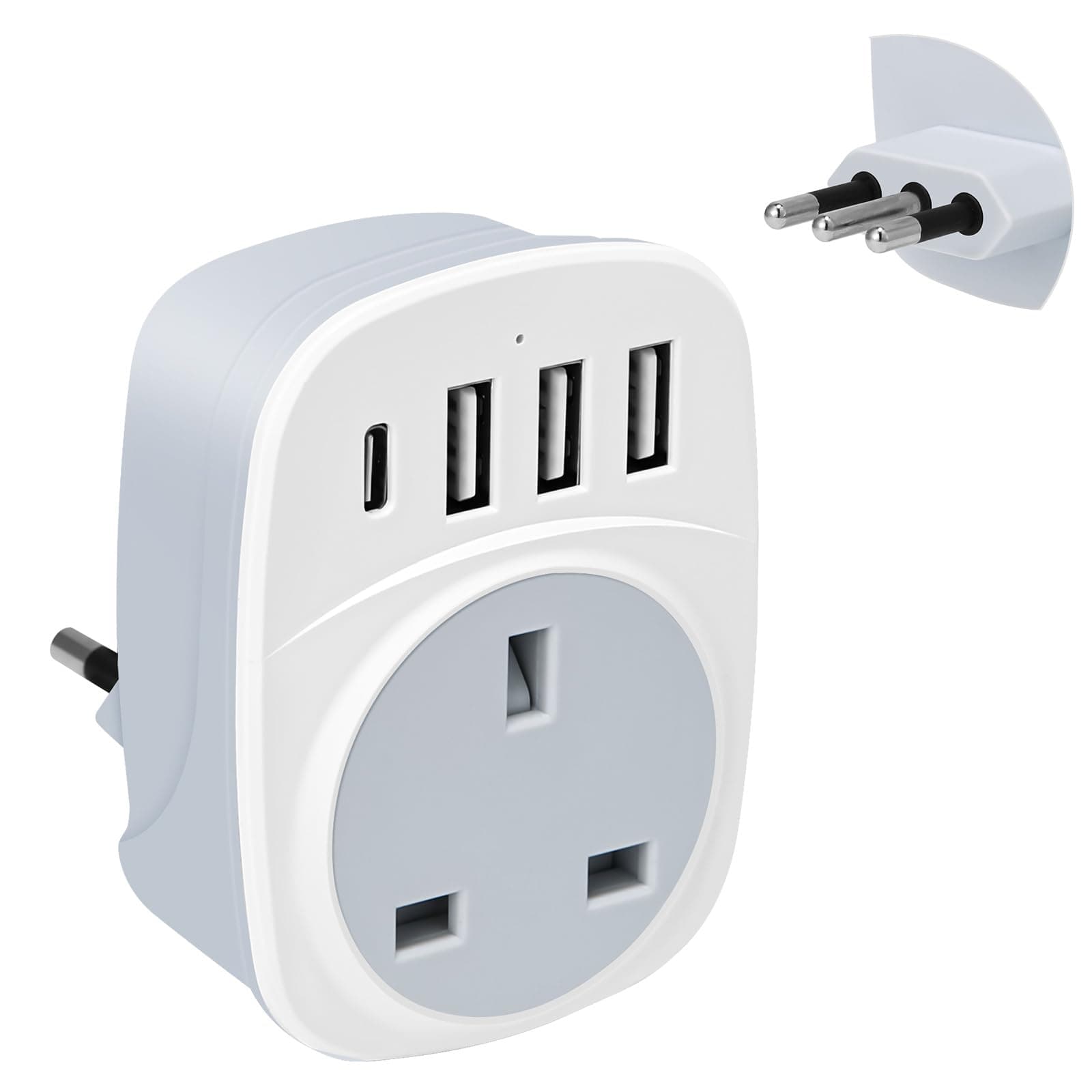 UK to Italy Plug Adapter,SHUOMAO UK to Italy Travel Adapter with 4 USB(17W USB C Charger),Converter Power Adapter for Italian Chile Ethiopia Libya Syria Tunisia Uruguay(Type L)