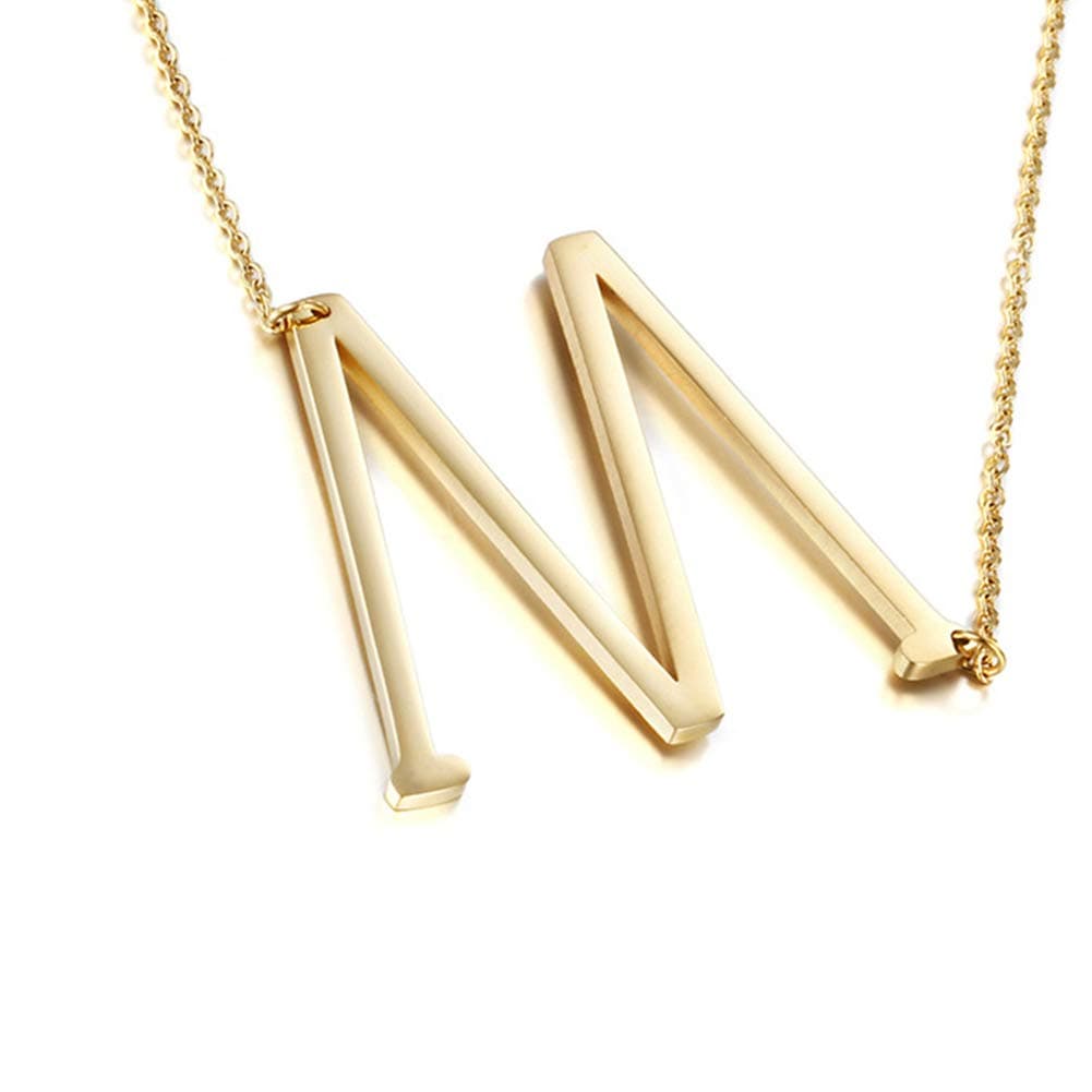 MOMOL Sideways Initial Necklace 18K Gold Plated Stainless Steel Large Big Letters Pendant Necklace Script Name Monogram Necklaces for Women