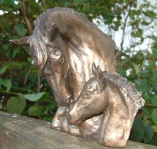 STUNNING COLD CAST BRONZE MASTERPIECE LIFE LIKE SCULPTURE MARE & FOAL HEAD 6005