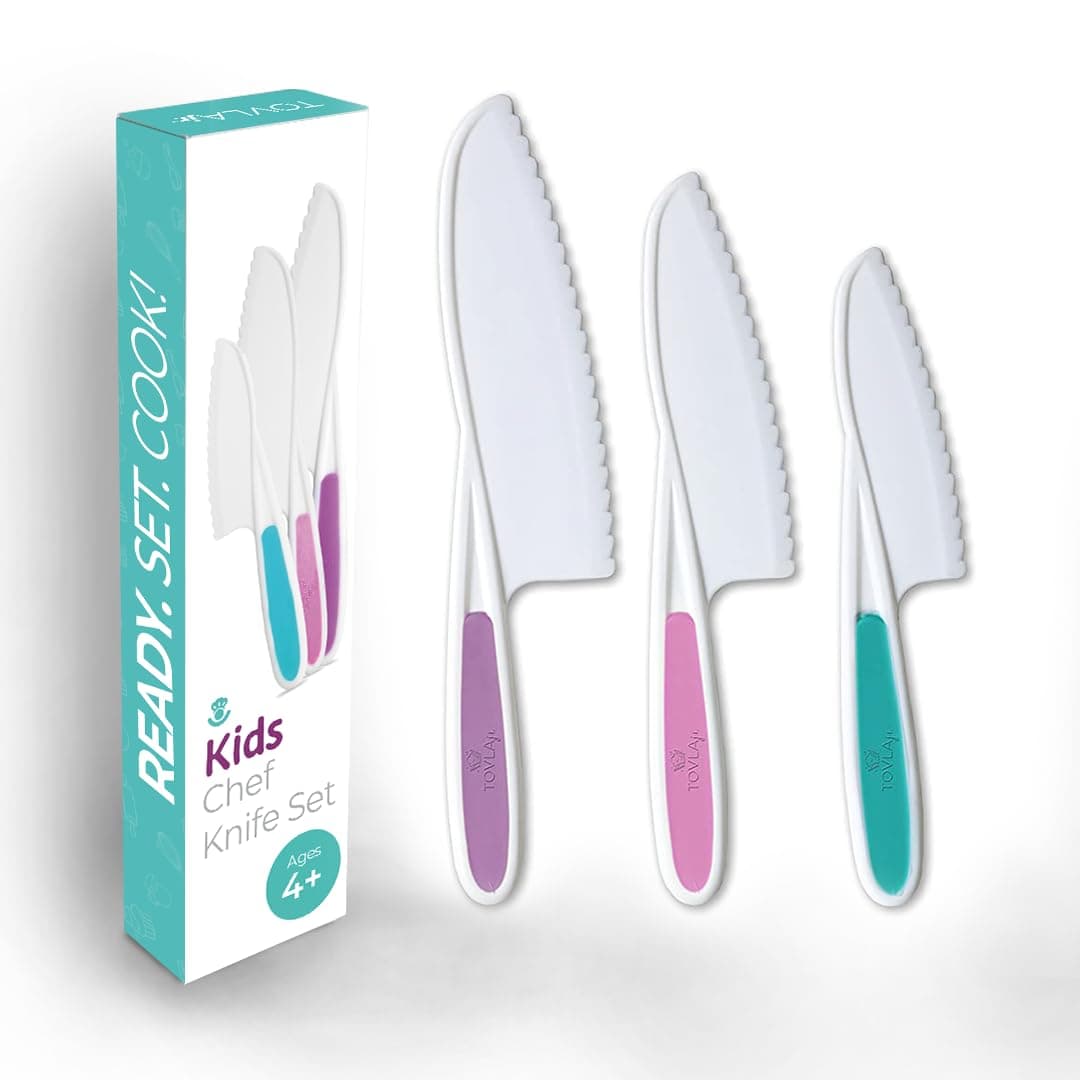 Tovla Kids Nylon Kitchen Knife Set of 3: Kids Cooking Knives in 3 Sizes and Colors / Firm Grip, Serrated Edge, BPA Free Kids Knives / Safe Lettuce and Salad Knives A22