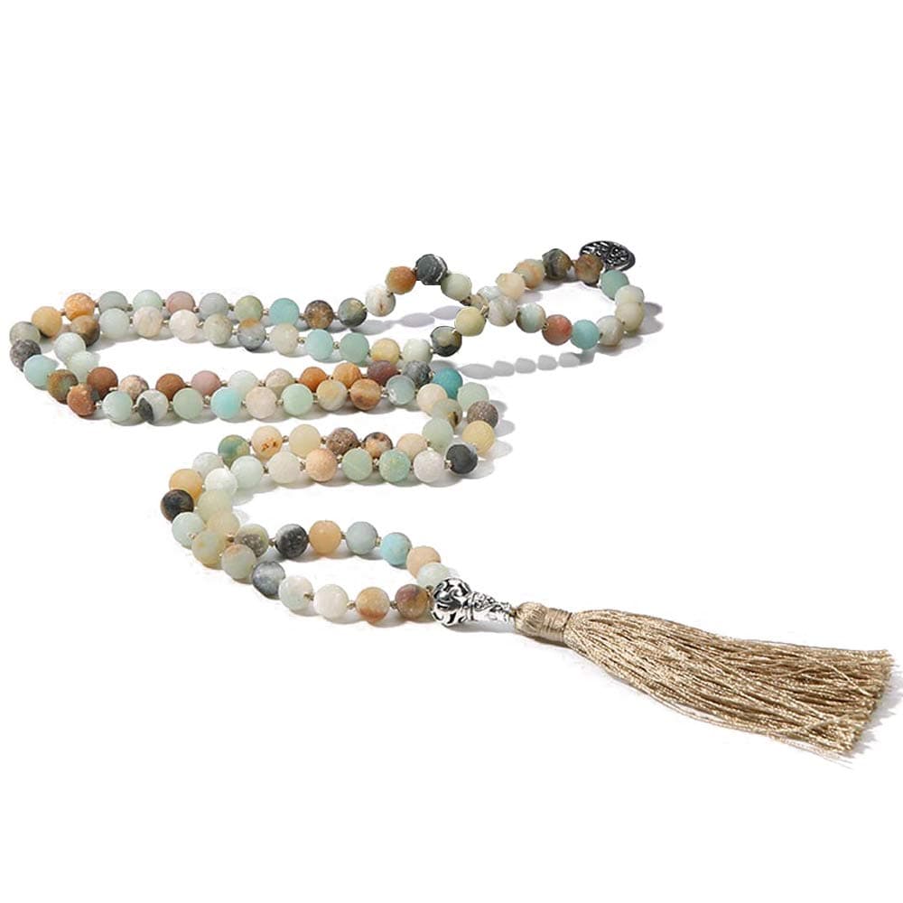 108 Mala Beads Necklace Semi-Precious Gem Stones Meditation Necklace 108 Hand Knotted Japa Mala Beaded Tassel Necklace with Tree of Life Pendant