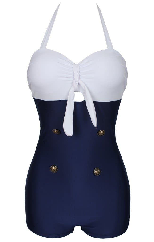 Kiddom Women One Piece Swimsuit Conservative Halter Buttons Bathing Suit