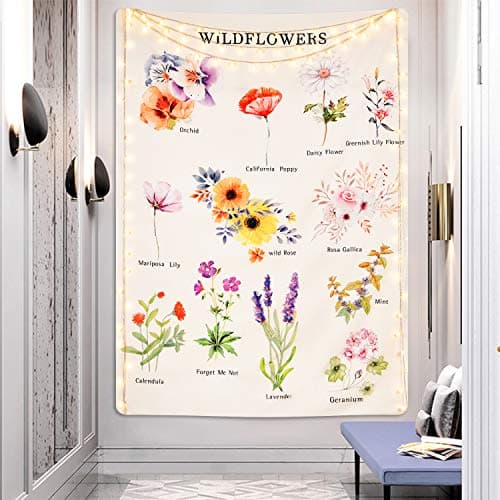 Lyacmy Wildflowers Tapestry Floral Plants Tapestry Reference Chart Tapestry With Word Vertical Tapestry Wall Hanging for Room(51.2 x 59.1 inches)
