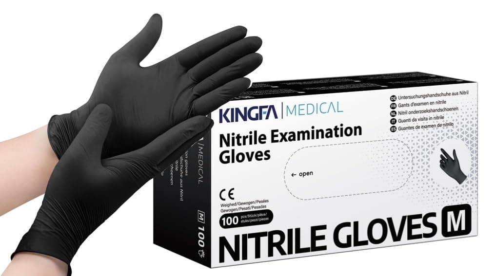 KINGFA Nitrile Gloves, Disposable, Powder-Free, Multipurpose, Latex-Free, Examination, Black,(M)