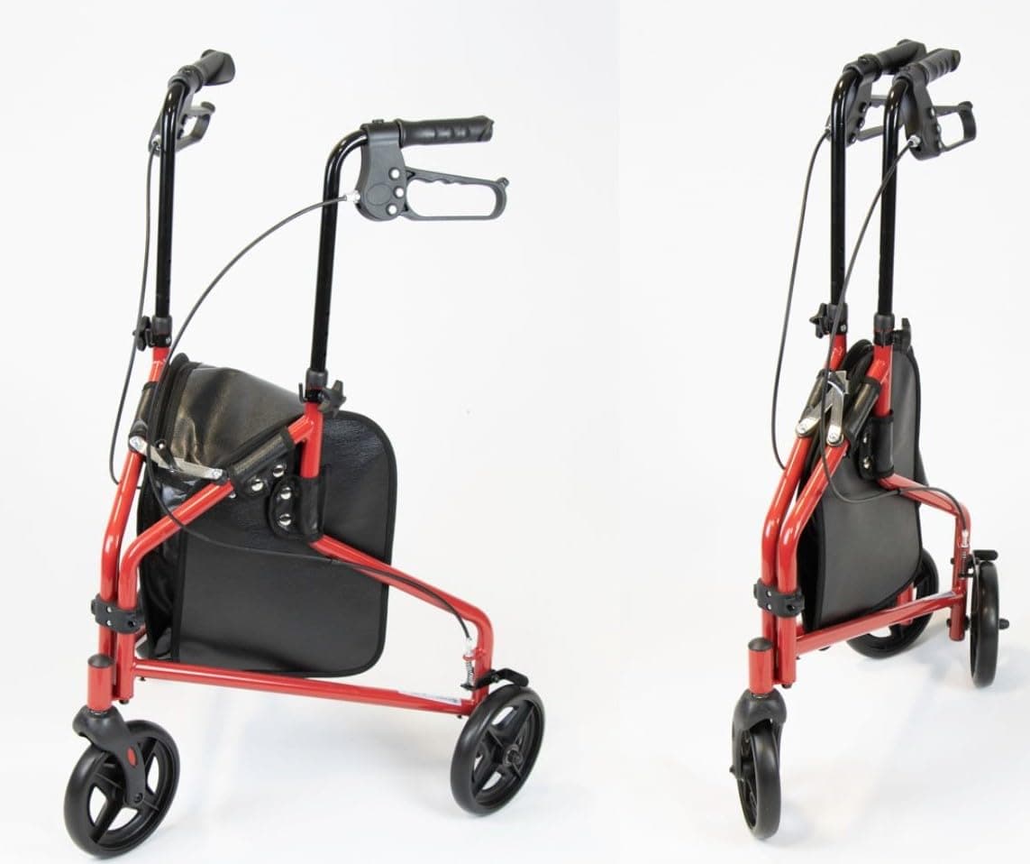 3 Wheel Steel Rollator Walker Walking Aid with Bag, & Lockable Brakes, Folding & Height Adjustable – Red