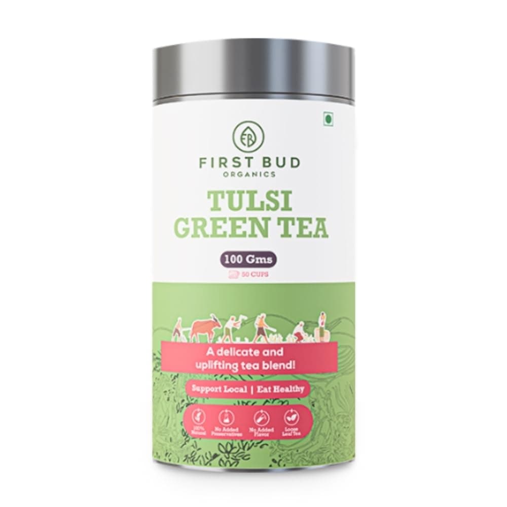 First Bud Organics Tulsi Green Tea - 100gm, Green Tea Loose Leaves with Rama Tulsi and Shyama Tulsi | Refreshing Blend of Green Tea and Holy Basil | Natural Antioxidants & Boosts Immunity |