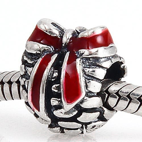 Everbling Christmas Pinecone with Red Enamel Ribbon 925 Sterling Silver Bead Fits European Charm Bracelet