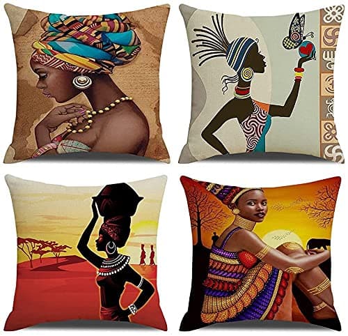 RABUIT African Pillow Covers 18x18 Set of 4,Indian American Women Pillows Decorative Throw Pillows,African Art Print Cushion Covers Square for Couch Sofa Brown Burnt Orange