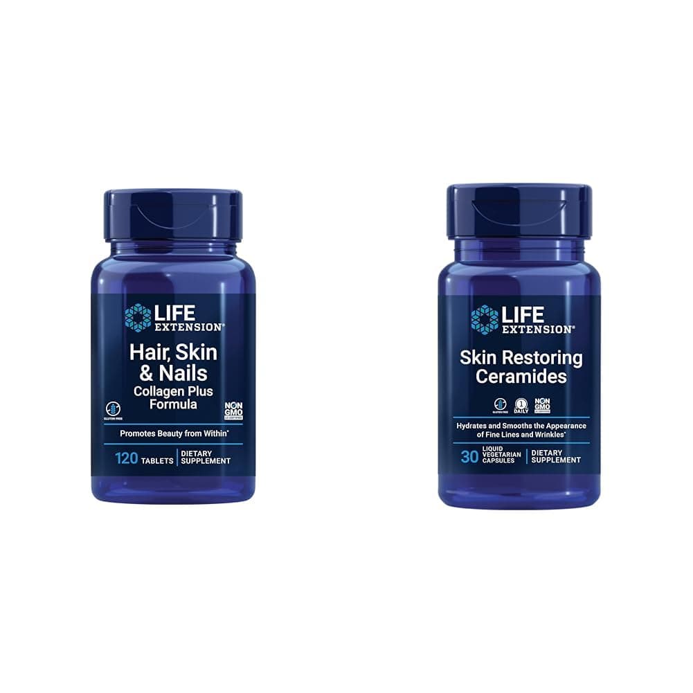Hair, Skin & Nails Collagen Plus Formula 120 Count & Skin Restoring Ceramides 30 Liquid Vegetarian Capsules