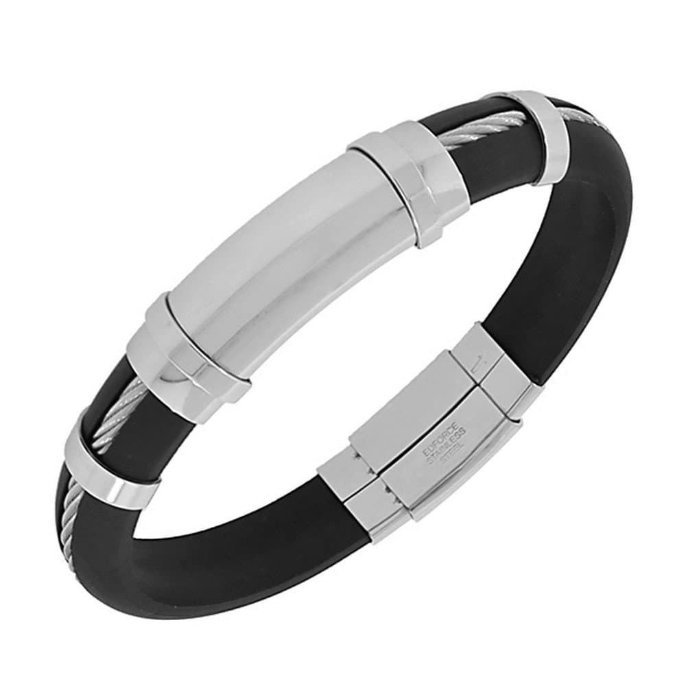 Black Rubber Silicone Silver-Tone Twisted Cable Rope Men's Bracelet