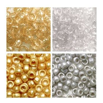 Silver & Gold (Not Metallic) 6 x 9mm Plastic Craft Pony Beads, 4 Bags Variety Pack, 4 Colors (About 2000 Beads) Beads Kit Gift Set