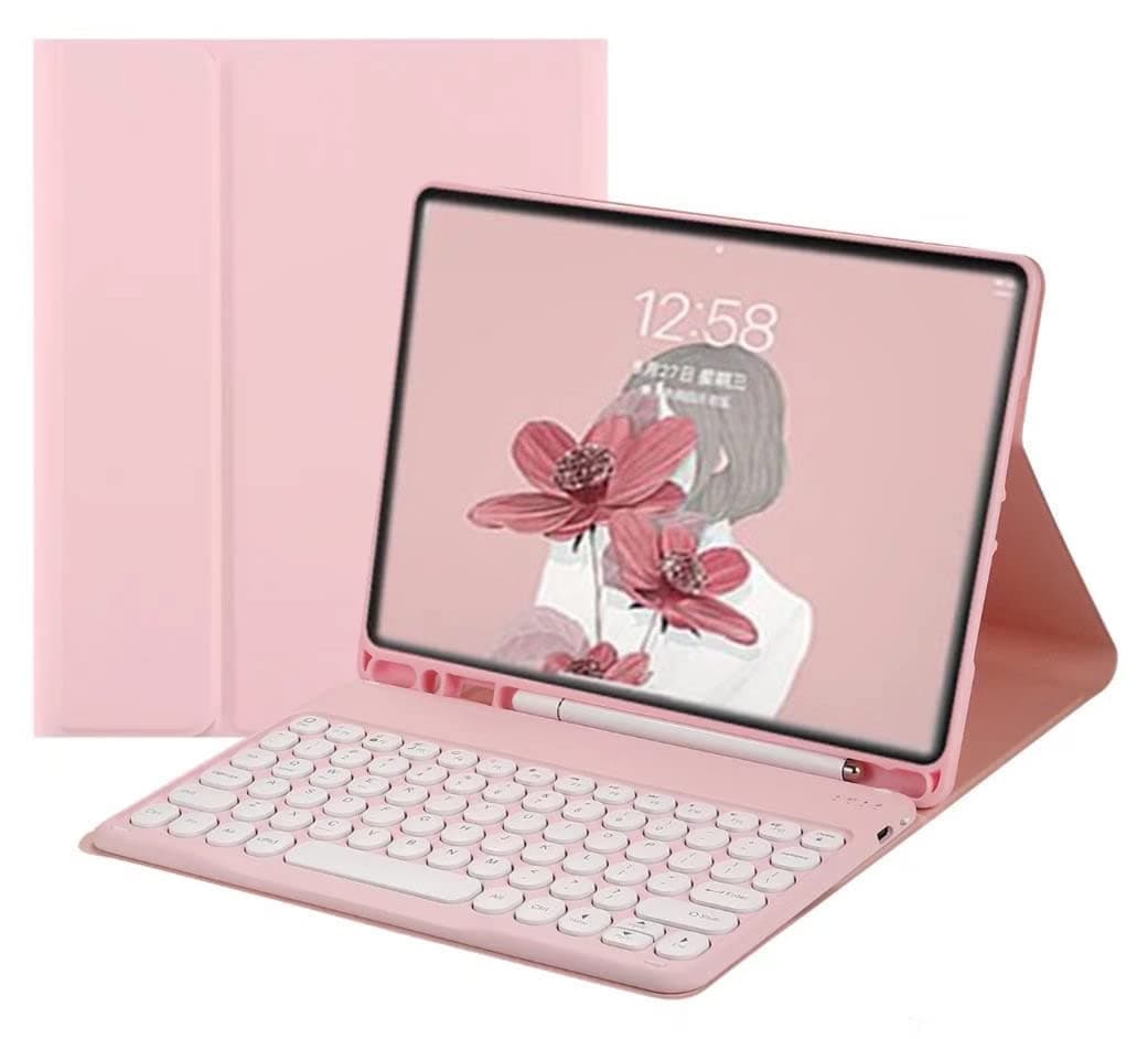 Keyboard Case for Galaxy Tab S10 Plus/S9 FE Plus/S9 Plus/S8 Plus/S7 Plus/S7 FE, Cute Round Keys Slim Folio Cover with S Pen Holder, Magnetically Wireless Detachable Keyboard (Pink)