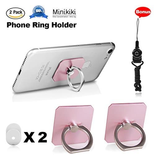 MiniKIKI Phone Finger Holder, 2 Packs Phone Ring Stand Holder, Smartphone Holder, Phone Ring Holder, 360° Rotation Phone Finger Grip, Phone Kickstand, 1 Lanyard As Bonus, for Phone, iPad (Rose Red)