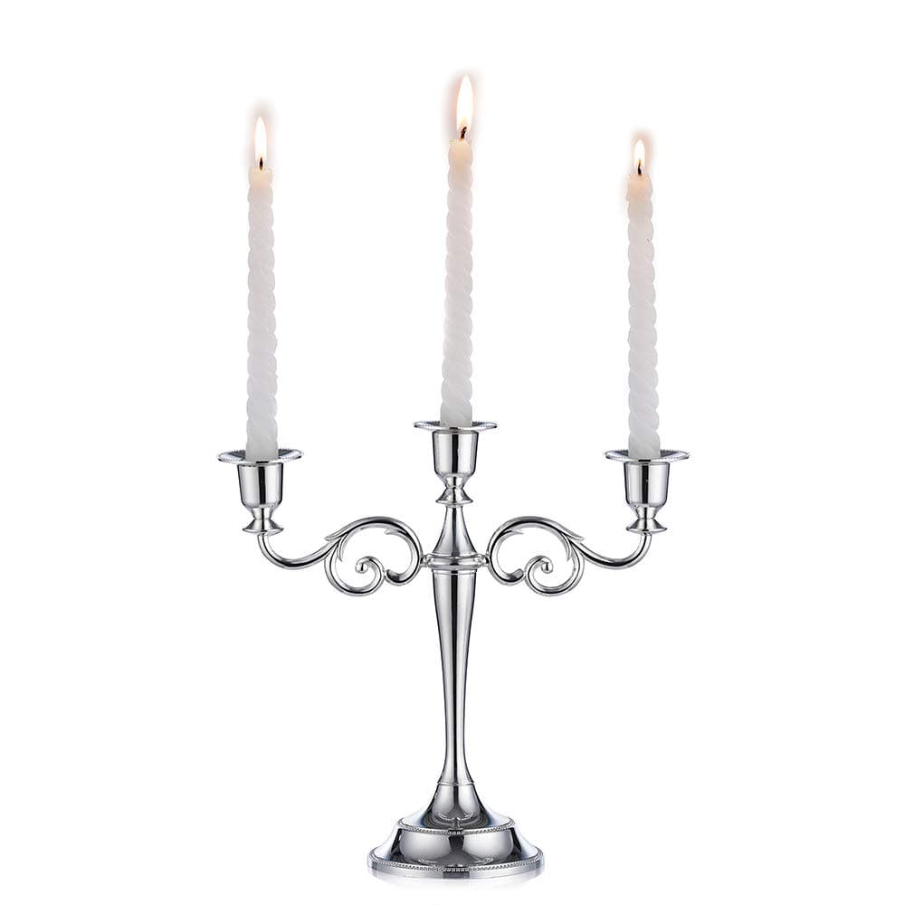 Sziqiqi Silver metal candle holder 3-arms candle stand 27cm tall wedding event candelabra candle stick, Silver