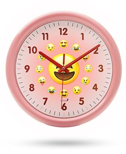 CHITAL Emoji Wall Clock - Adorable Wall Clock for Kids - Large 11.5-Inch Wall Clock for Girls & Boys - Kids’ Wall Clock with Cute Emojis - Easy to Read Large Numbers, Glass Covering - Pink