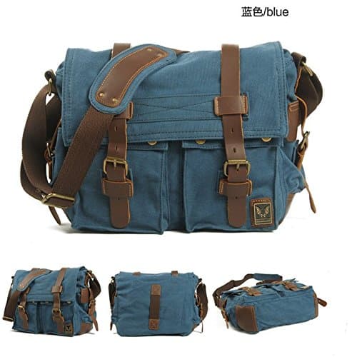 Canvas Leather Satchel School Military Shoulder Bag Messenger Bag (blue)