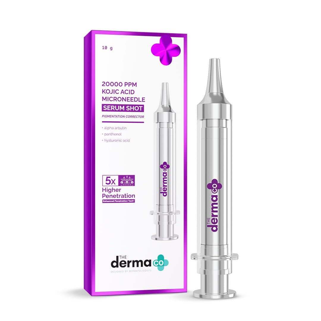 The Derma Co. 20000 PPM Kojic Acid Microneedle Face Serum Shot for Pigmentation Correction & Skin Renewal | 5x Higher Penetration | Enhances Collagen Production | Alpha Arbutin | For Dark Spots Reduction -10g