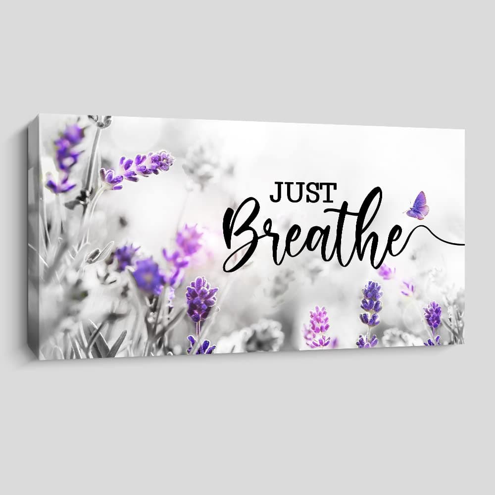 CREOATE Just Breathe Bedroom Wall Art, Purple Lavender Picture with Inspirational Quotes Canvas Print Artwork for Home Decoration