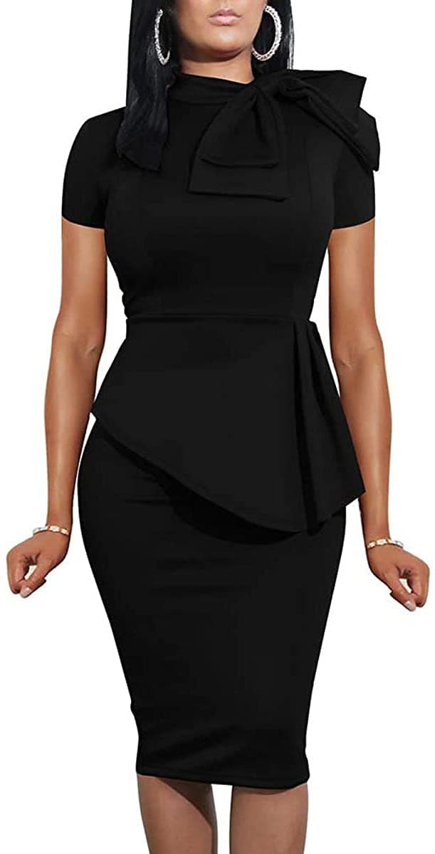 Women's Fashion Peplum Bodycon Short Sleeve Work Dresses Bow Club Ruffle Pencil Formal Cocktail Dress