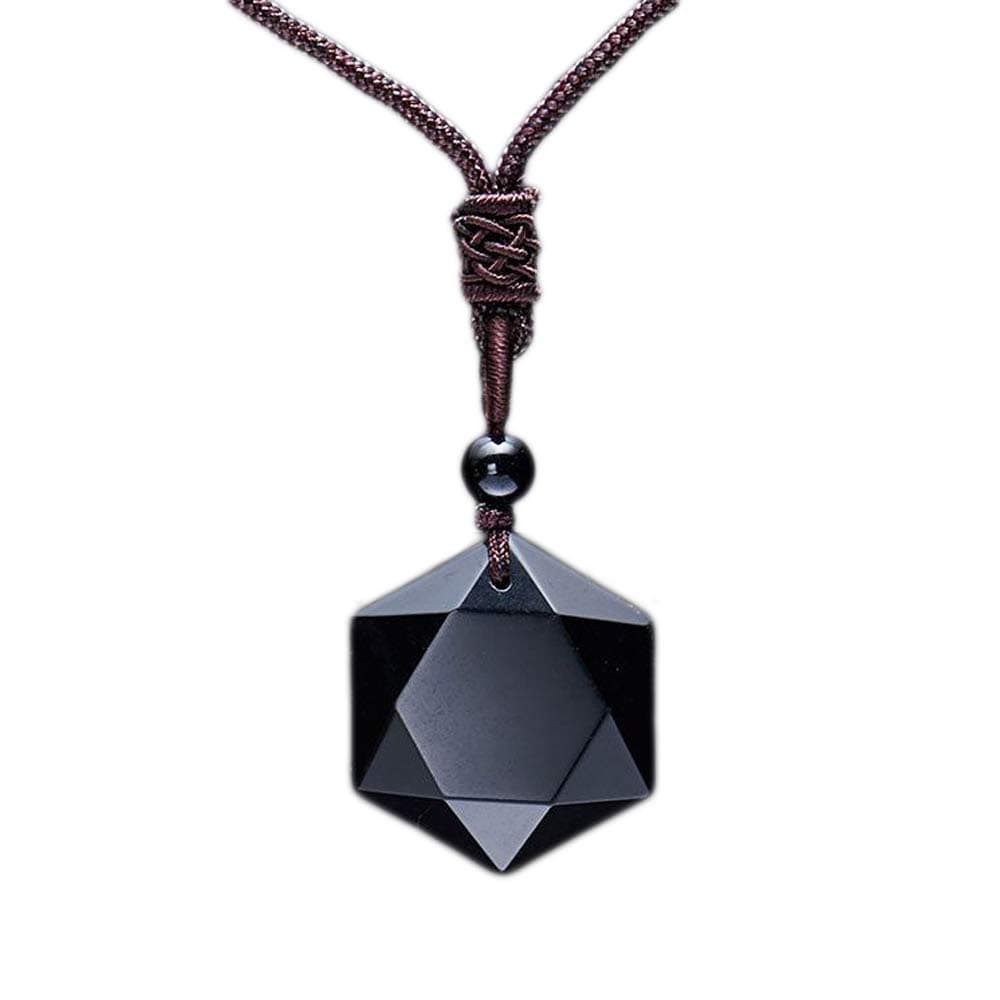 MENGLINA Black Obsidian Hexagram Natural Stone Necklace Translucent Ice Obsidian Wolf Tooth Amulet His and Hers Couples Necklace Lucky Love Pendant Necklace for Men Women