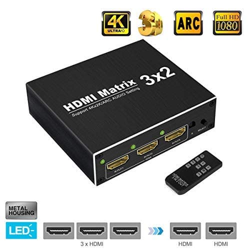 HDMI Matrix 4K@60Hz HDMI Matrix 3x2 with IR Remote HDMI Switcher Splitter with Optical Toslink (SPDIF) and 3.5mm Stereo Audio Extractor Supports ARC Function Support 4K@60Hz