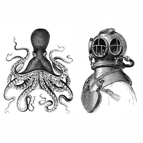 Octopus and Deep Sea Diver Set Black and White Nautical Vintage Style Print Art Wall Decor Beach House