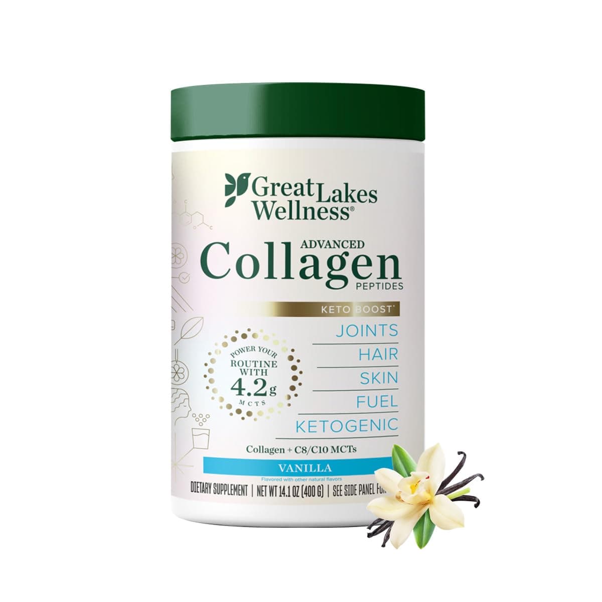 Keto Boost Advanced Collagen Peptides Powder with 4.2g MCTs - Vanilla Flavored - Nutritiously-Rich Non-Dairy Coffee Creamer or Smoothie Alt - Non-GMO, Kosher - 14.1 oz