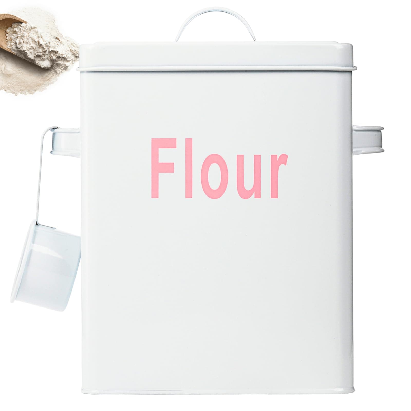 Metal Flour Container with Scoop and Lid, 6.3 Quart (Holds up to 7 lbs), Galvanized Steel Flour Canister with Handles, Farmhouse Square Storage Bin for Kitchen Counter, Pantry, White