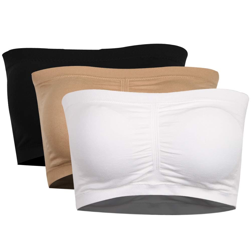 Women's Bandeau Bra, Basic Wire-Free Seamless Strapless Bandeau Tube Top Bra, 3 Pack